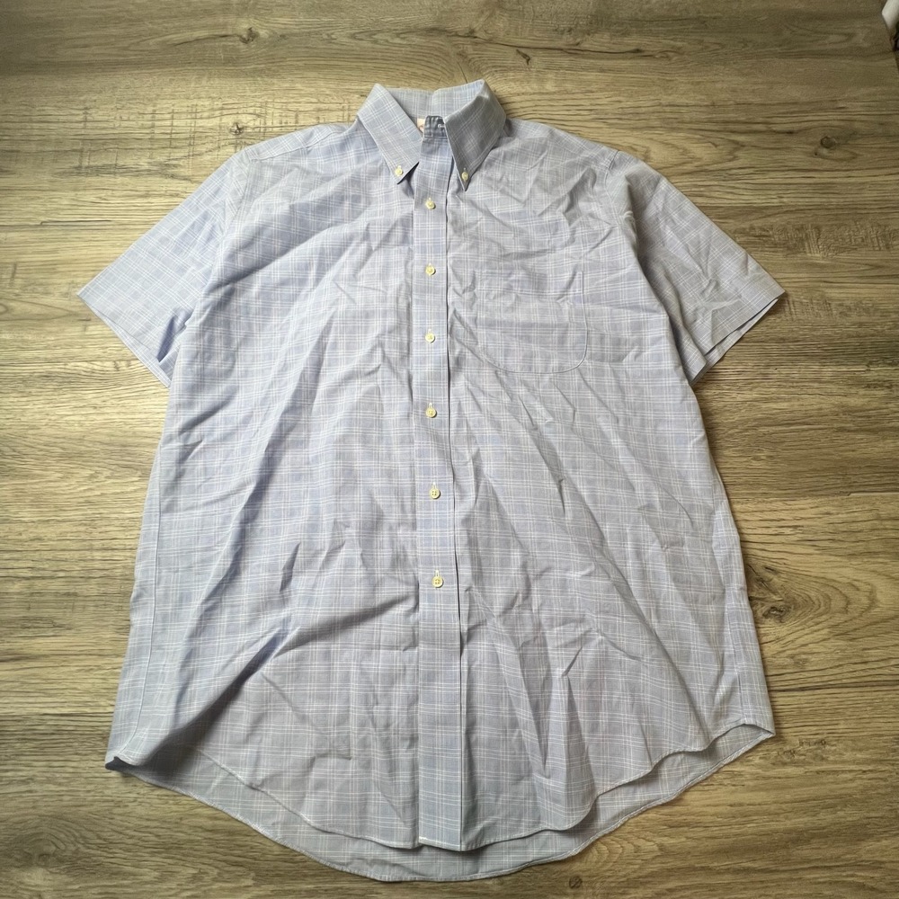 Brooks Brothers Shirt Mens 16 Blue Plaid Short Sleeve Non-Iron Traditional Fit